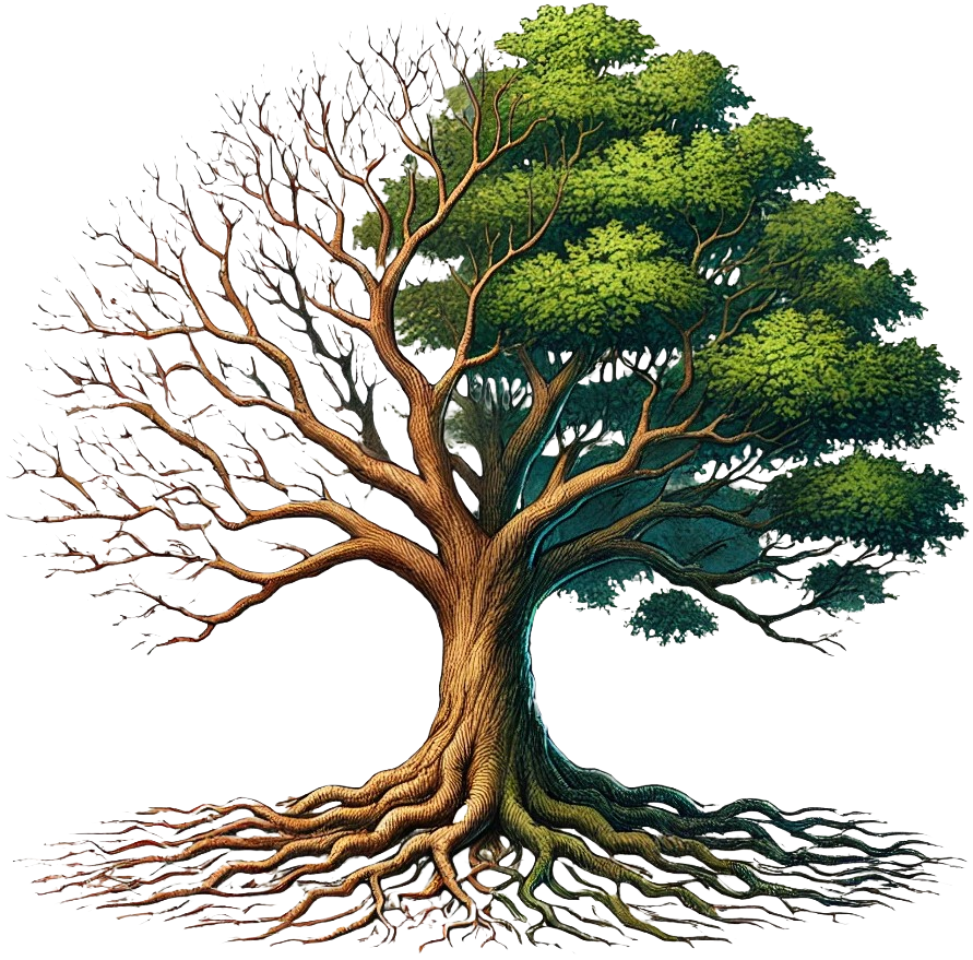 A tree half barren and half flourishing, symbolizing restoration in Christ.